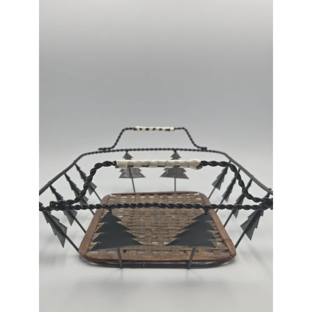 Vintage Wicker Wire Pine Tree Rectangle Bread Basket Tray Handles Holiday